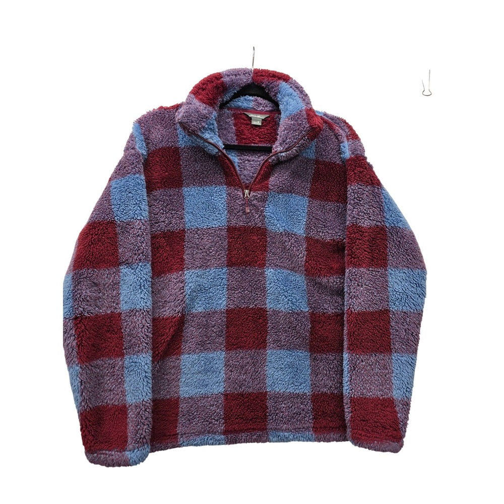Eddie Bauer Womens Medium Faux Fur Sherpa Fleece Quarter Zip Plaid Pullover